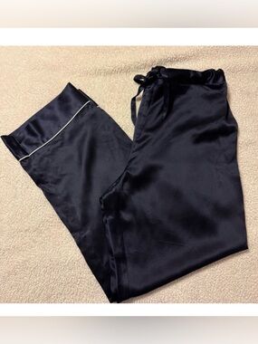 Lily Silk Navy Blue Chic Trimmed Mulberry Silk Pajama Pants Wide Relaxed Leg